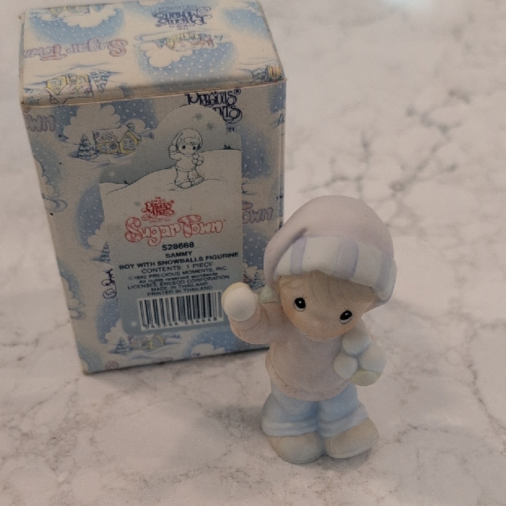 Precious Moments Boy with Snowman in Pastel Blue and White